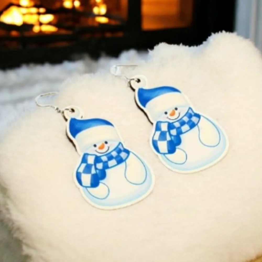Wood Dangle Drop‎ Christmas Winter Frosty the Snowman Earrings with Blue Accents